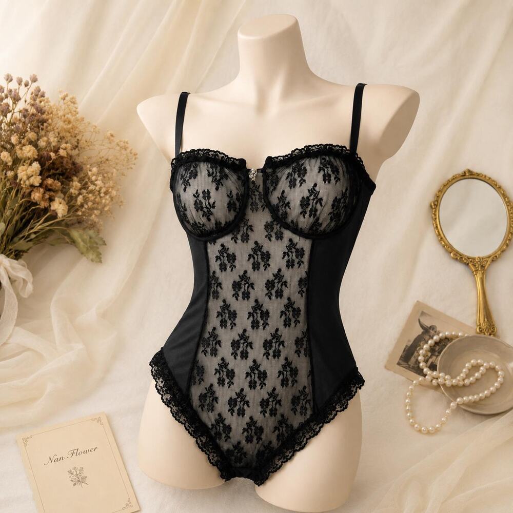 Vintage Nan Flower Black Nylon Lace Teddy Bodysuit Underwire Floral Large 1970s